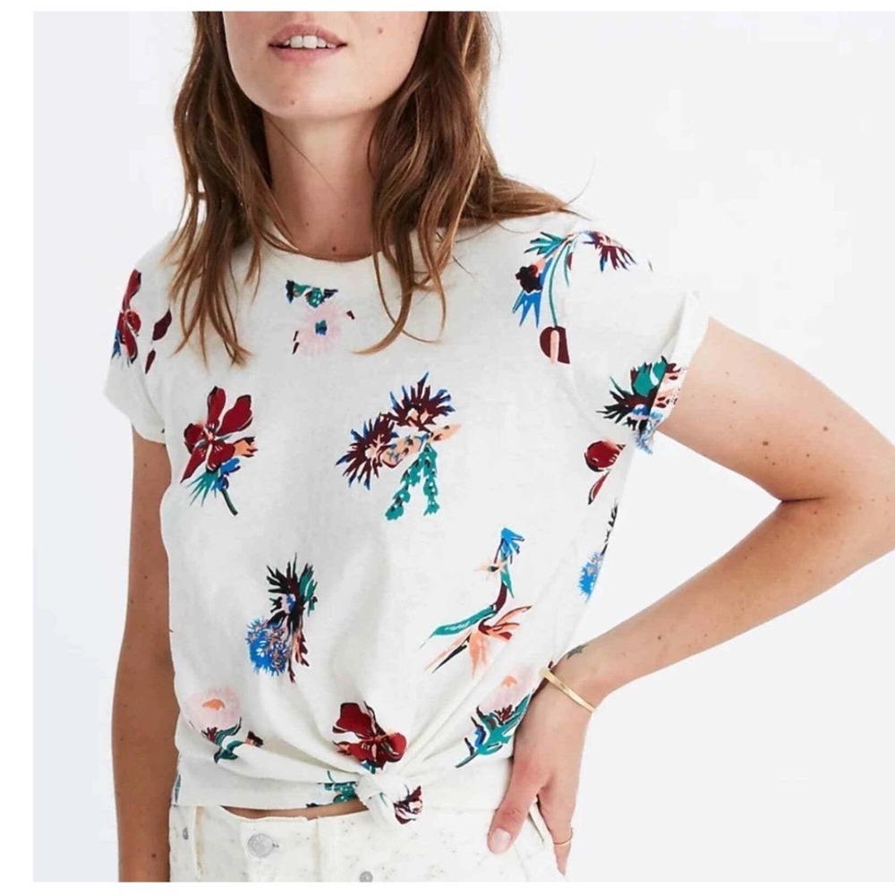 Madewell Women XS Tropical‎ Floral Front Tie Knot Short Sleeve Cotton T-Shirt